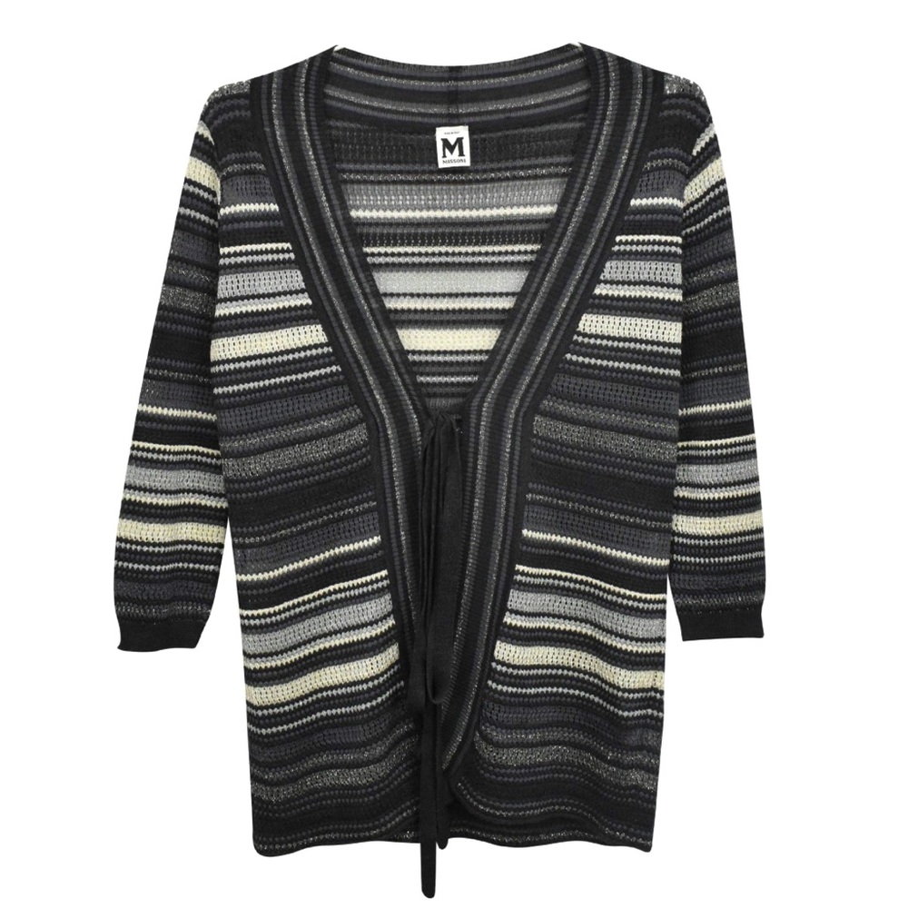 Missoni $980 Metallic Striped Cardigan Size 4 Black Grey White Wrap Knit Wool